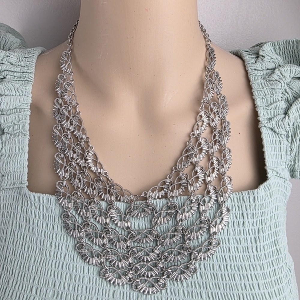 Layered Statement Necklace Silver Tone Multi Strand Bib Choker‎